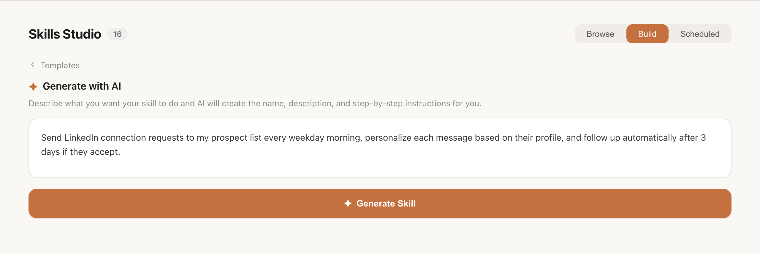 Skills Studio — describe your workflow in plain English