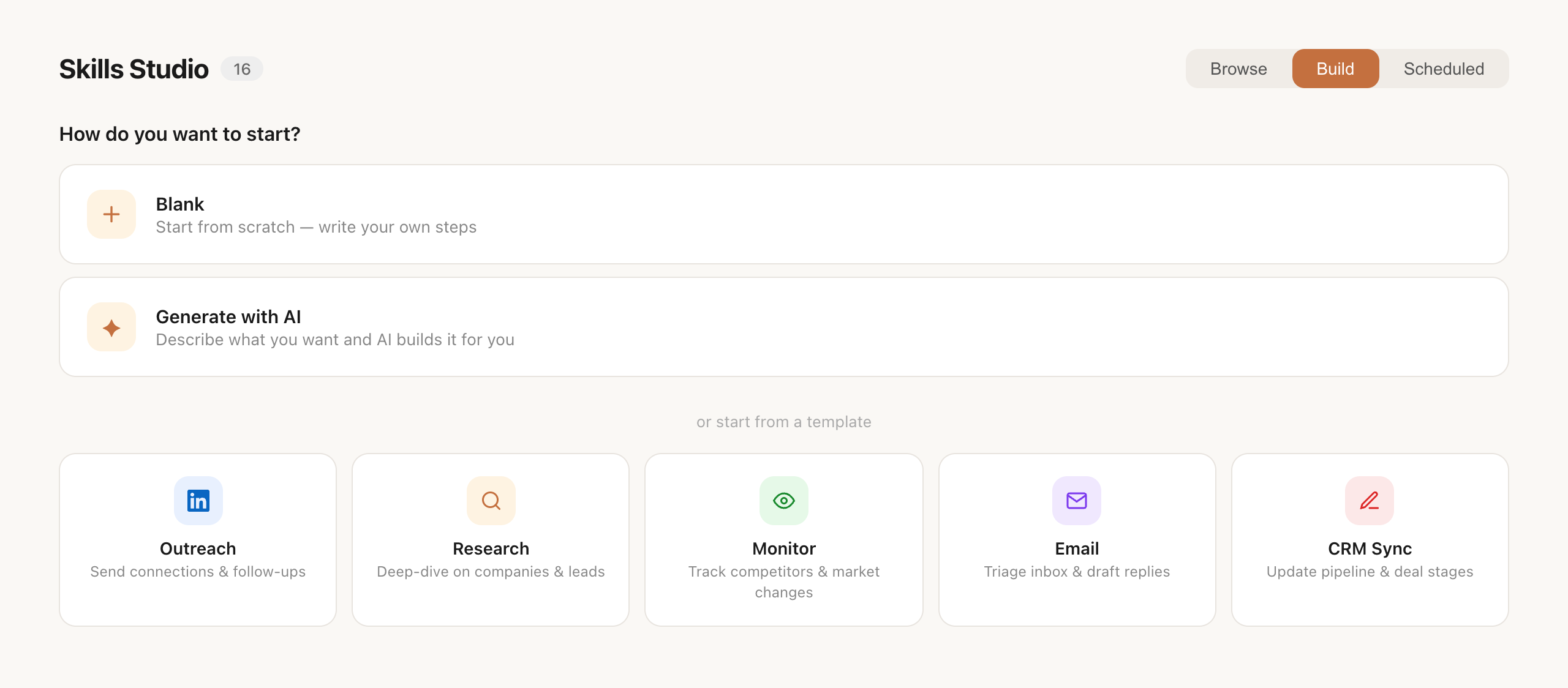 Skills Studio — choose blank, AI generation, or templates